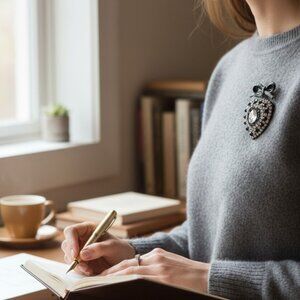 Women's Brooch/Pin Estate Black & Crystals Bow & Dangling Heart On Black Metal